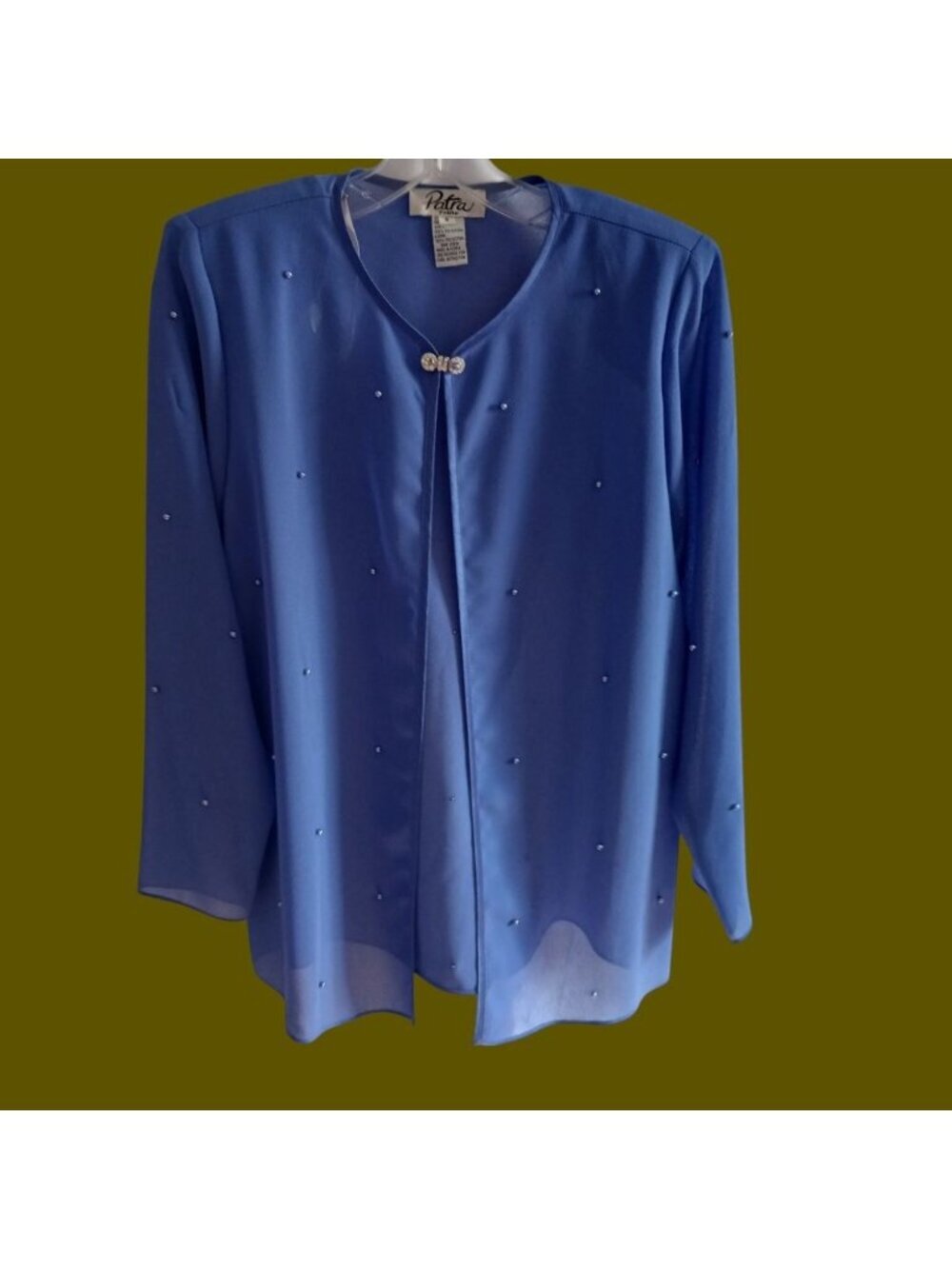 Patra Petite Womens Blue Beaded Long Sleeve Blouse Size Petite 8